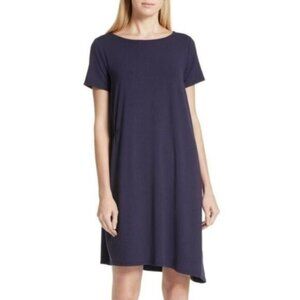 Eileen Fisher Ballet Neck Asymmetric Hem Stretch Jersey Dress XS Navy Blue